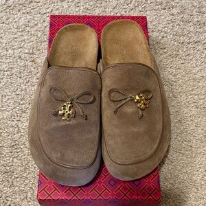 Tory Burch Taupe Suede Mules with Gold Charm
